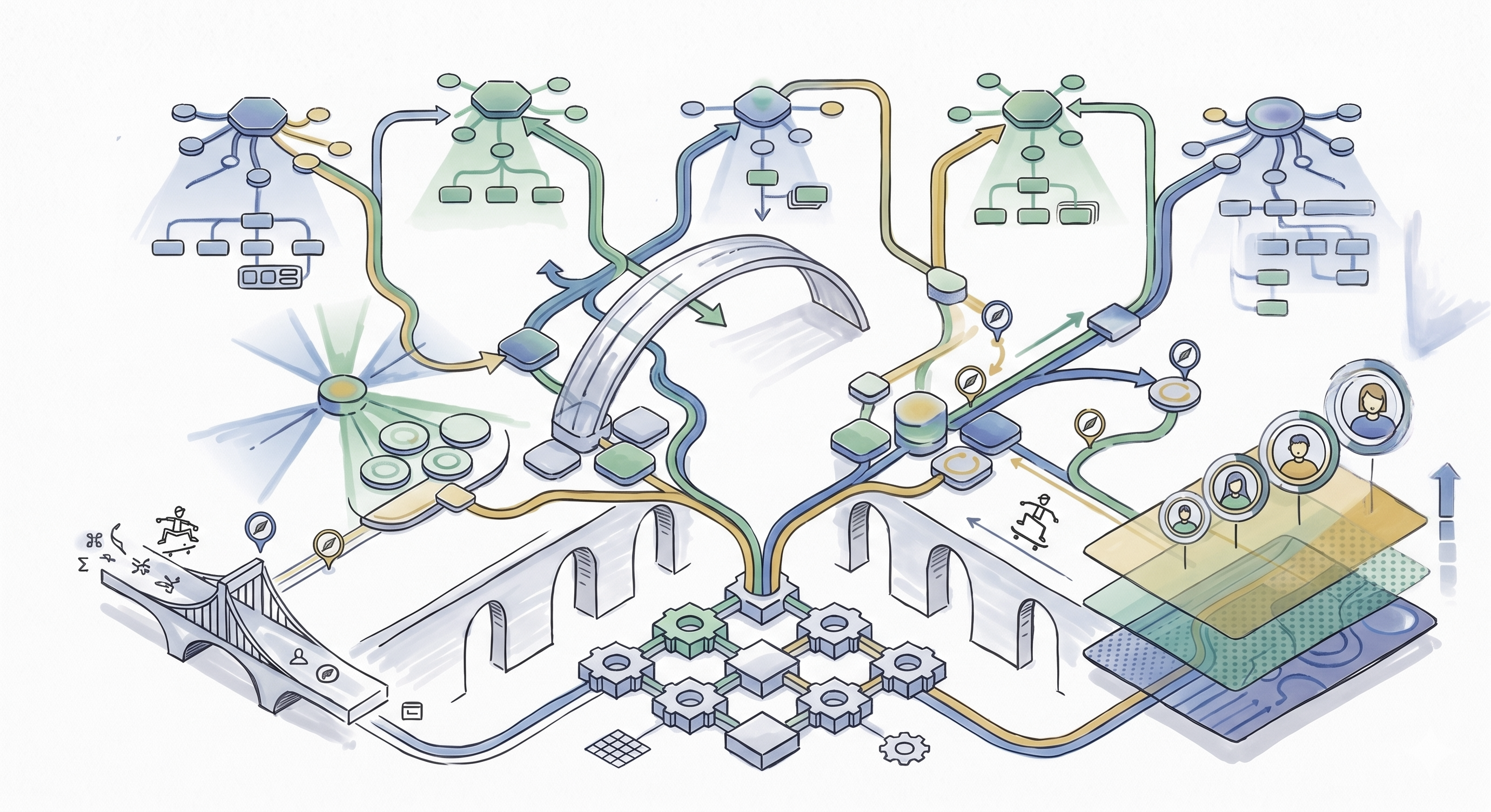 Illustration of scalable navigation strategy connecting teams, taxonomy, and governance